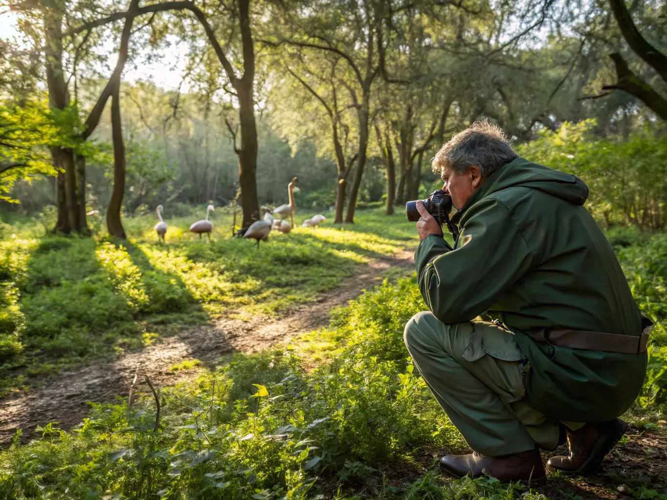 A wildlife biologist monitoring a deer population in a managed hunting area, emphasizing responsible hunting and wildlife management.