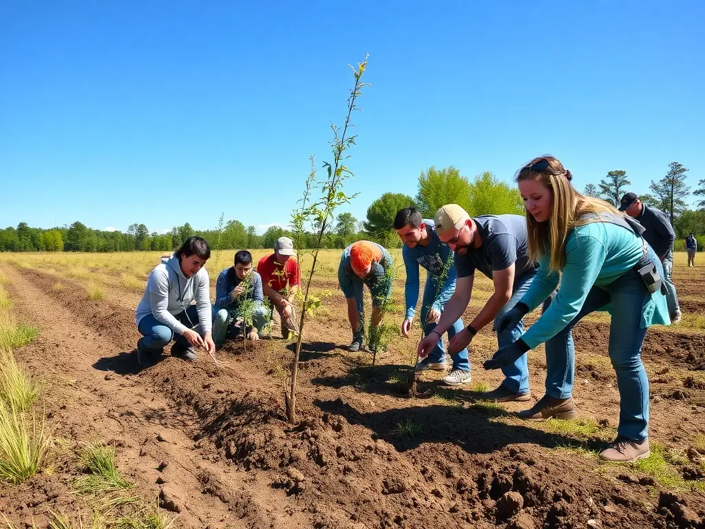 A serene landscape featuring a group of volunteers planting trees as part of a habitat restoration project organized by SOCIETE AMICALE.