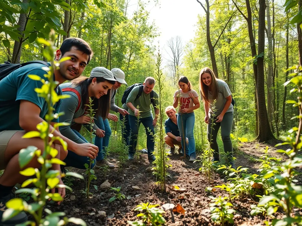 A group of volunteers planting trees as part of a habitat restoration project, showcasing community involvement and environmental conservation efforts.