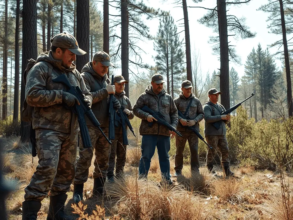 A group of hunters participating in a controlled hunt, demonstrating responsible hunting practices and wildlife management.