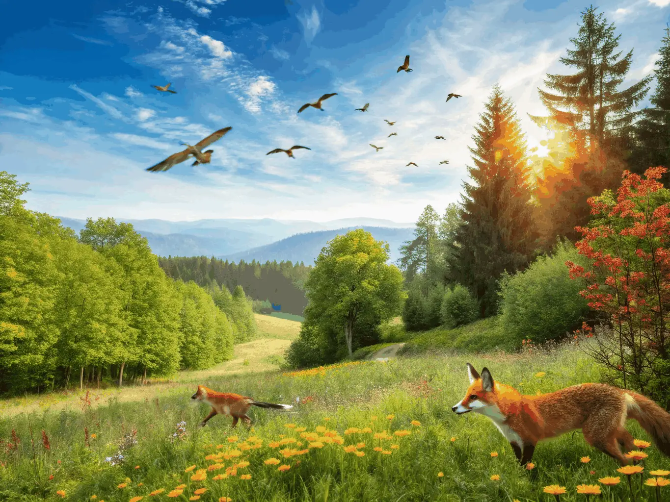 A lush forest scene showcasing habitat development and conservation efforts, with diverse plant and animal life.