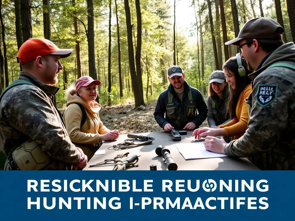 A photograph of a SOCIETE AMICALE member leading a workshop on responsible hunting practices for local hunters.