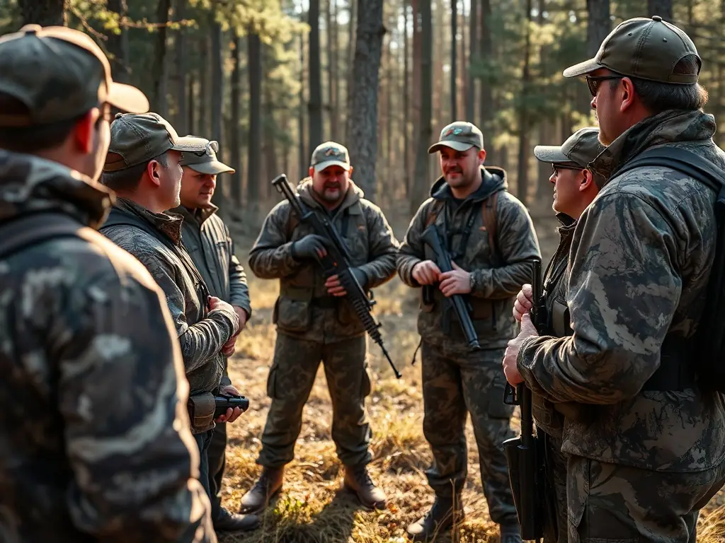 A photograph illustrating responsible hunting practices, with hunters participating in a training session on ethical hunting techniques and wildlife management. The image should emphasize the importance of sustainable hunting and conservation.