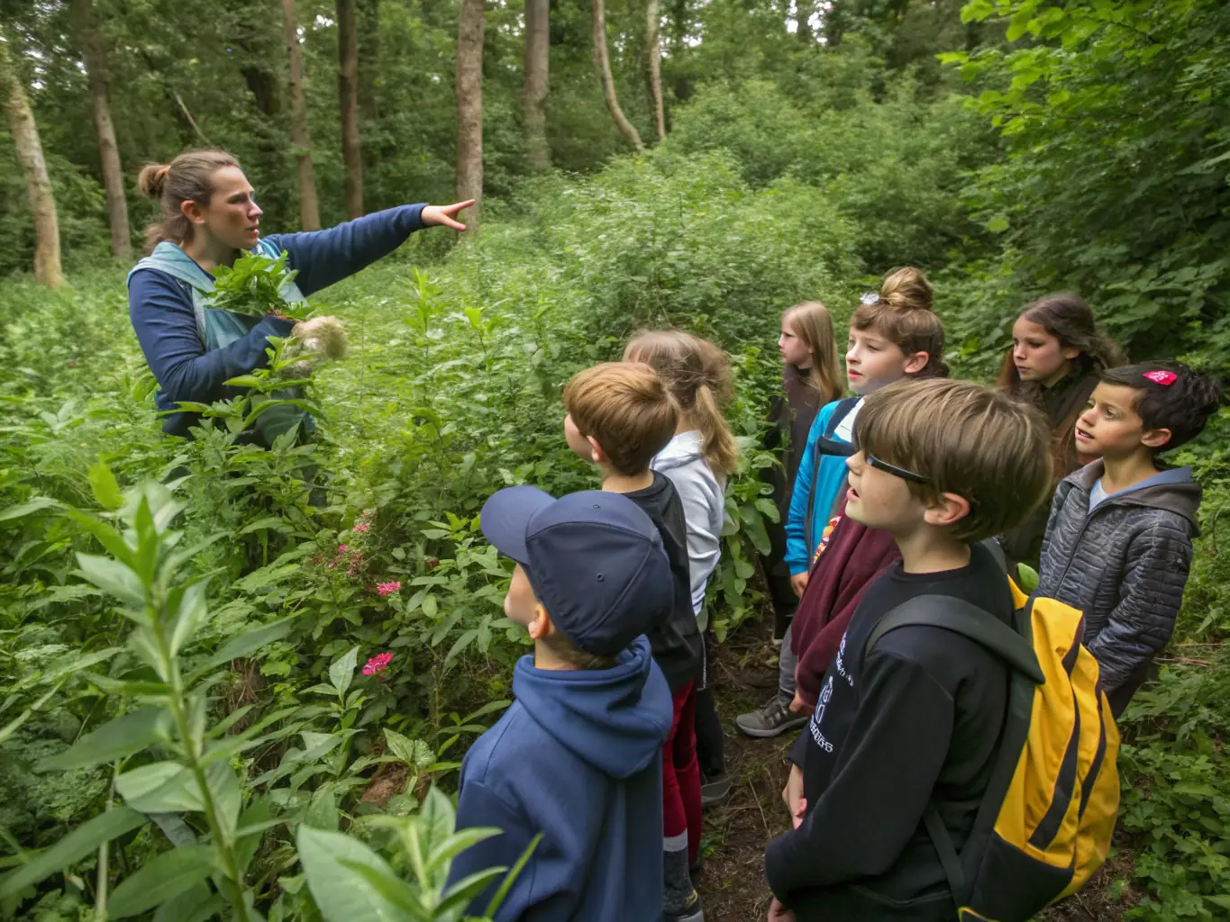 A heartwarming image of children participating in a nature walk organized by SOCIETE AMICALE, learning about local flora and fauna.