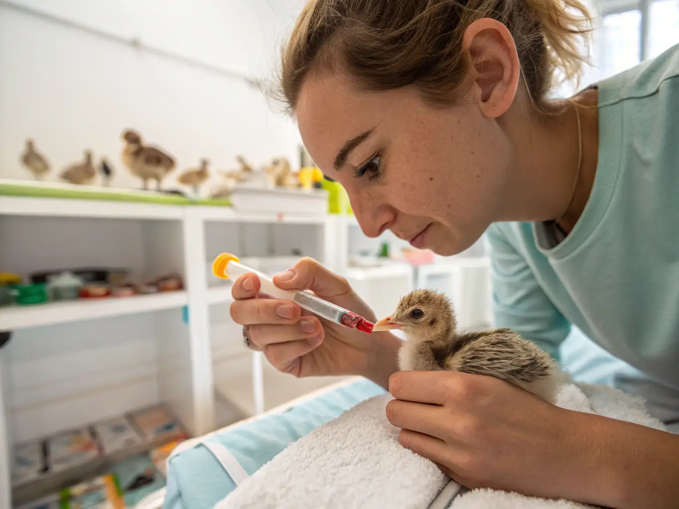 A group of volunteers participating in a wildlife breeding program, carefully monitoring and caring for the animals.