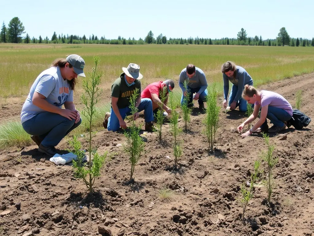 A photograph depicting volunteers participating in a habitat restoration project, planting native trees and shrubs in a deforested area. The image should convey a sense of community involvement and environmental stewardship.